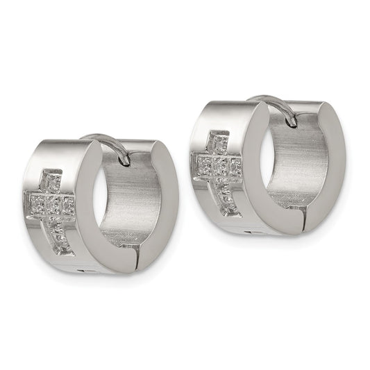 SRE1317 Chisel Stainless Steel Polished with CZ Cross 7mm Hinged Hoop Earrings