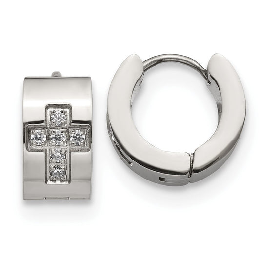 SRE1317 Chisel Stainless Steel Polished with CZ Cross 7mm Hinged Hoop Earrings