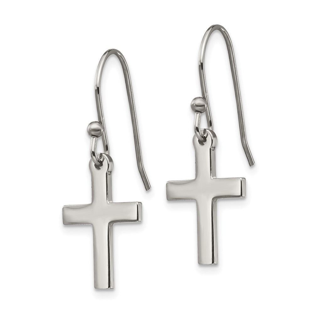 SRE1362 Chisel Stainless Steel Polished Cross Dangle Shepherd Hook Earrings