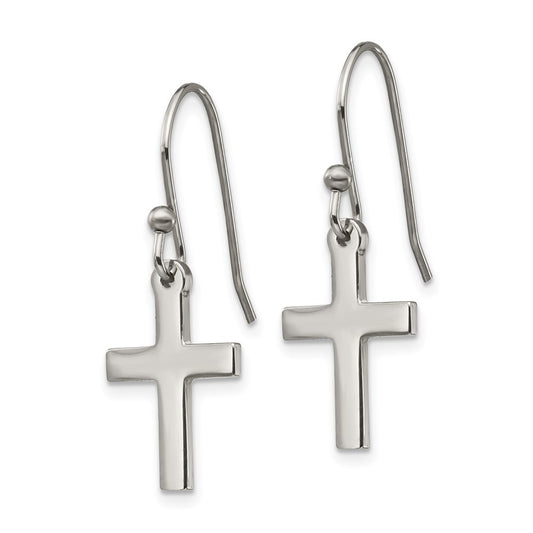 SRE1362 Chisel Stainless Steel Polished Cross Dangle Shepherd Hook Earrings