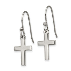 SRE1362 Chisel Stainless Steel Polished Cross Dangle Shepherd Hook Earrings