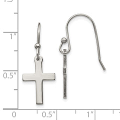 SRE1362 Chisel Stainless Steel Polished Cross Dangle Shepherd Hook Earrings