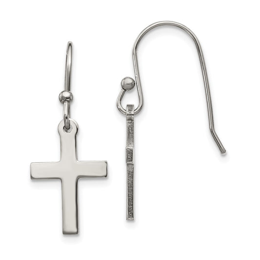 SRE1362 Chisel Stainless Steel Polished Cross Dangle Shepherd Hook Earrings
