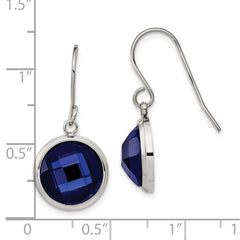 SRE1365 Chisel Stainless Steel Polished with Blue Glass Dangle Shepherd Hook Earrings