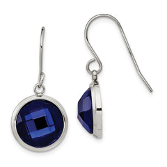 SRE1365 Chisel Stainless Steel Polished with Blue Glass Dangle Shepherd Hook Earrings