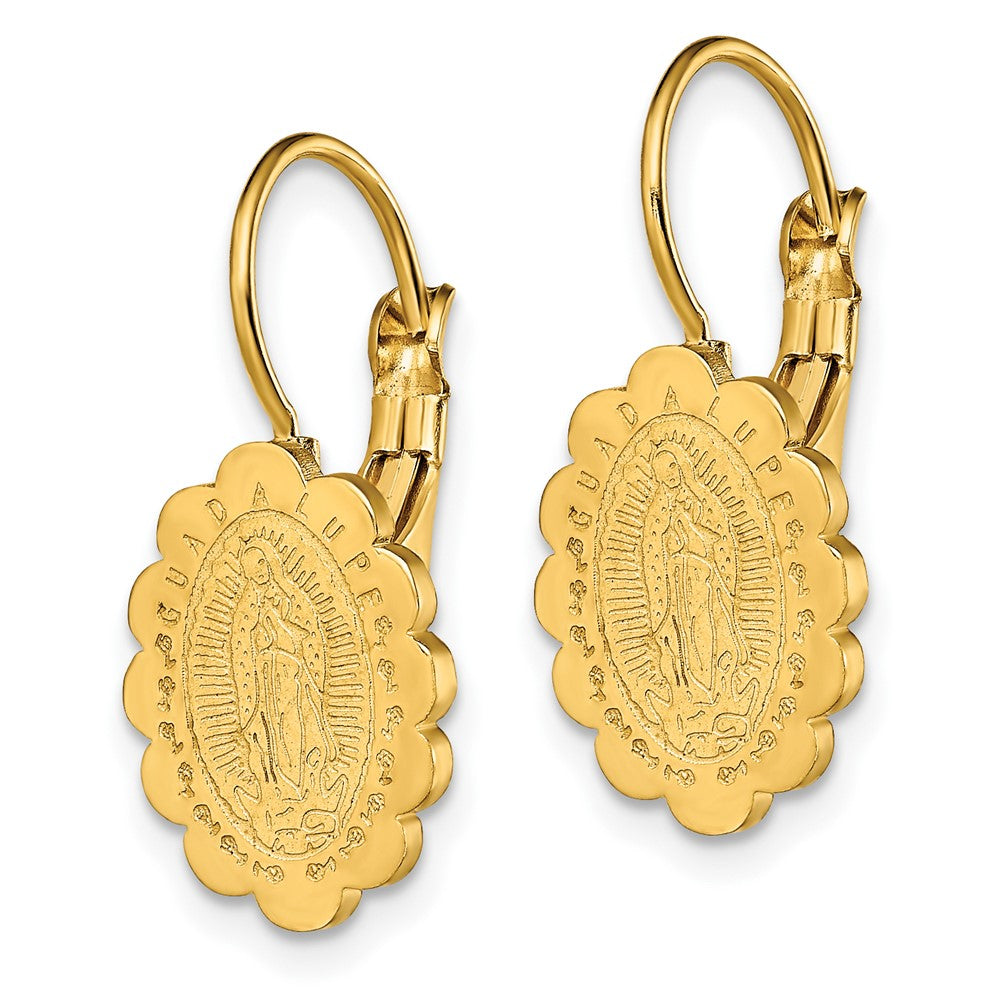 SRE1385 Chisel Stainless Steel Polished Yellow IP-plated Etched Our Lady of Guadalupe Omega Back Earrings