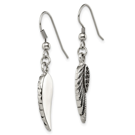 SRE1391 Chisel Stainless Steel Antiqued and Polished with Black Crystal Wings Shepherd Hook Dangle Earrings