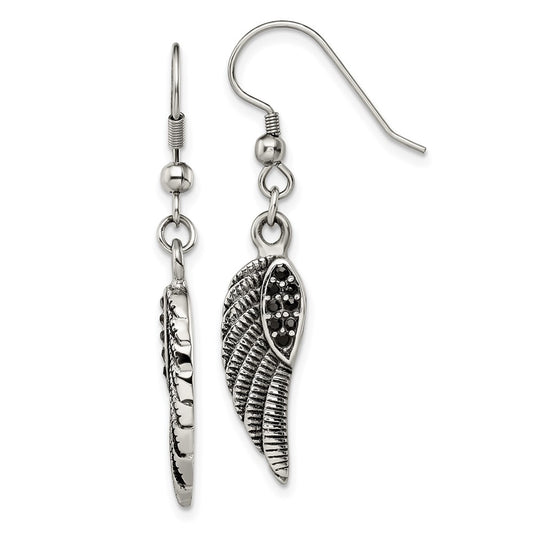 SRE1391 Chisel Stainless Steel Antiqued and Polished with Black Crystal Wings Shepherd Hook Dangle Earrings