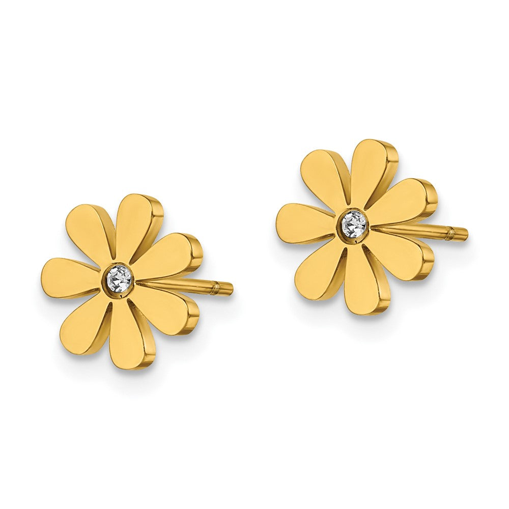 SRE1413 Chisel Stainless Steel Polished Yellow IP-plated with Crystal Flower Post Earrings