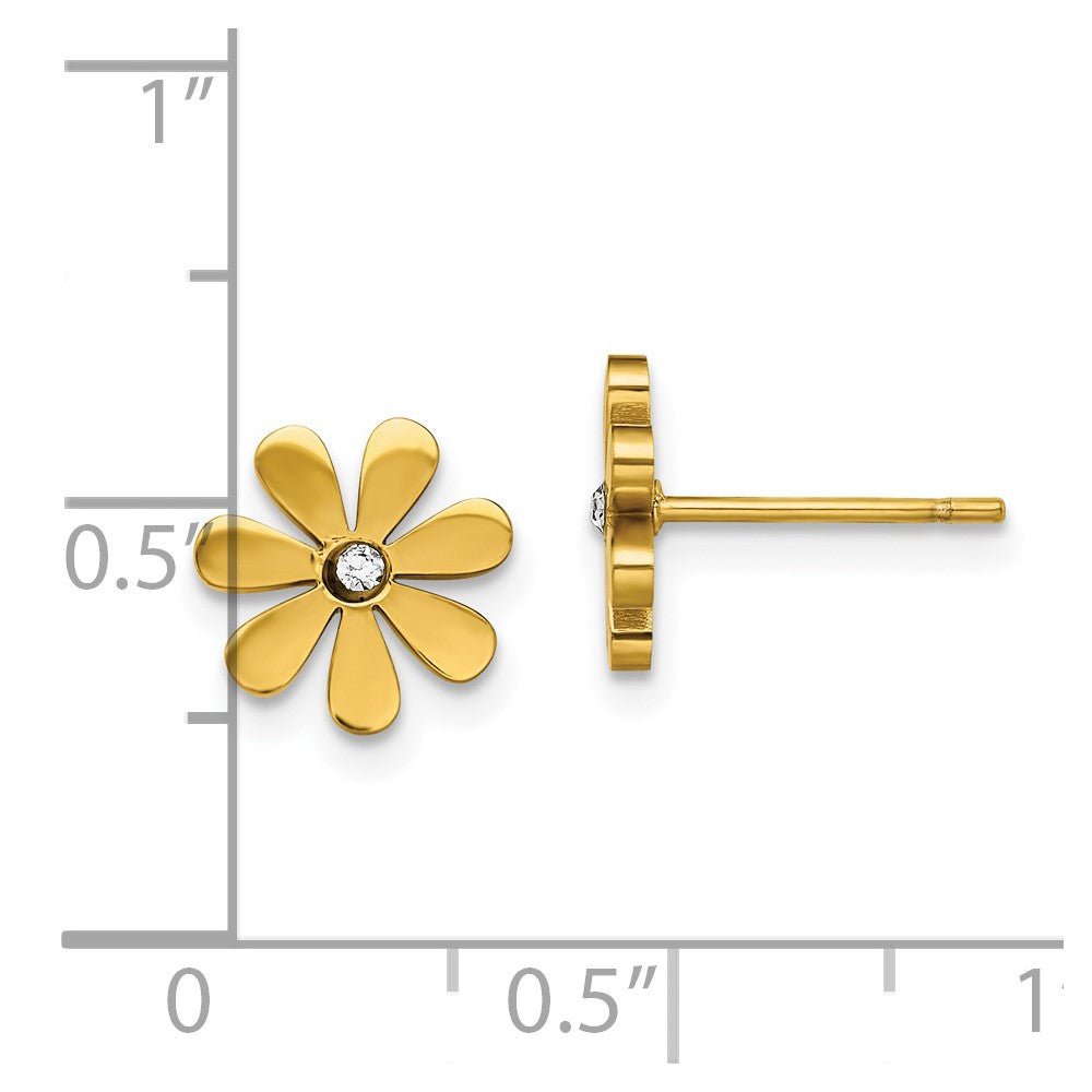 SRE1413 Chisel Stainless Steel Polished Yellow IP-plated with Crystal Flower Post Earrings