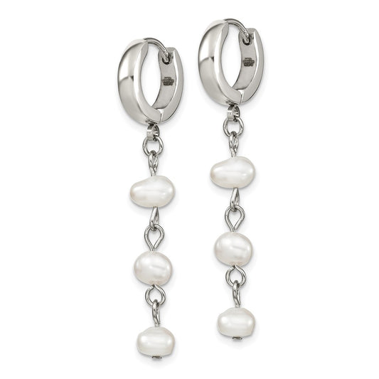 SRE1419 Chisel Stainless Steel Polished with Freshwater Cultured Pearl Dangle Hinged Hoop Earrings
