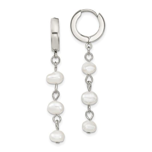 SRE1419 Chisel Stainless Steel Polished with Freshwater Cultured Pearl Dangle Hinged Hoop Earrings