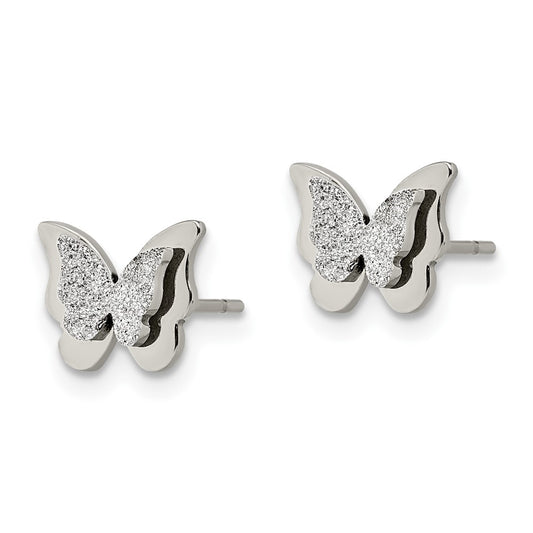 SRE1420 Chisel Stainless Steel Polished Glitter Butterfly Post Earrings