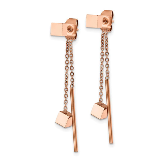 SRE1428 Chisel Stainless Steel Polished Rose IP-plated Front and Back Post Dangle Earrings