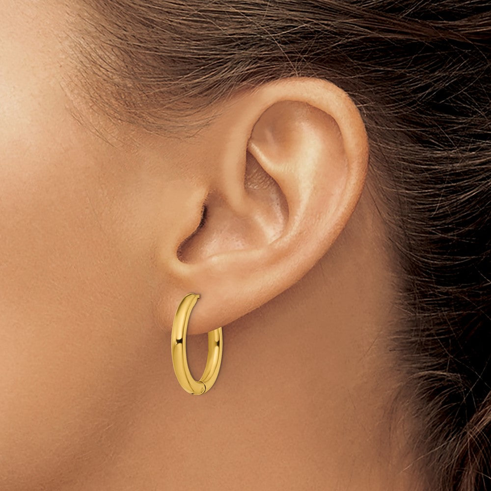 SRE1476 Chisel Stainless Steel Polished Yellow IP-plated 3mm Hinged Hoop Earrings