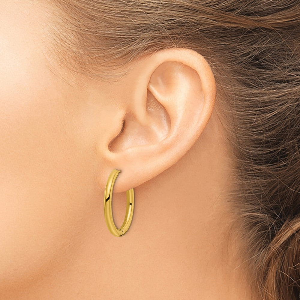 SRE1477 Chisel Stainless Steel Polished Yellow IP-plated 3mm Hinged Hoop Earrings