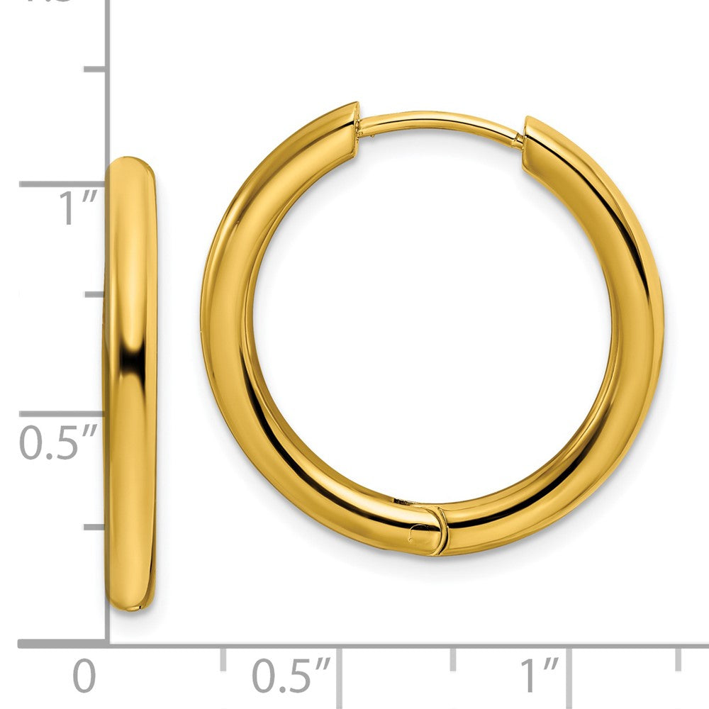 SRE1477 Chisel Stainless Steel Polished Yellow IP-plated 3mm Hinged Hoop Earrings