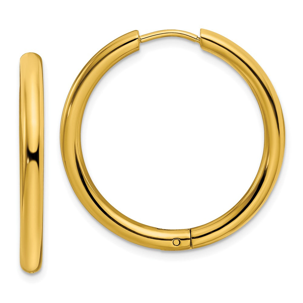 SRE1478 Chisel Stainless Steel Polished Yellow IP-plated 3mm Hinged Hoop Earrings