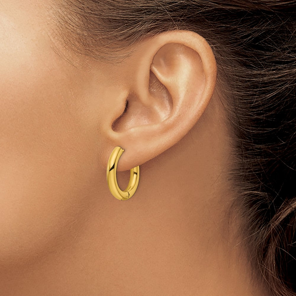 SRE1496 Chisel Stainless Steel Polished Yellow IP-plated 4mm Hinged Hoop Earrings