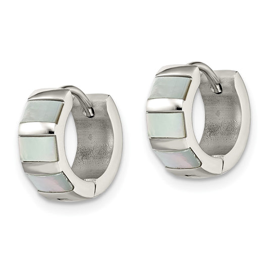 SRE1528 Chisel Stainless Steel Polished with Shell Pearl 5mm Hinged Hoop Earrings