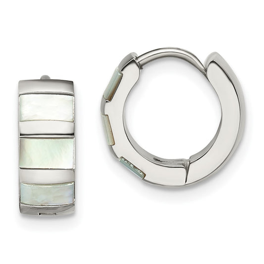 SRE1528 Chisel Stainless Steel Polished with Shell Pearl 5mm Hinged Hoop Earrings