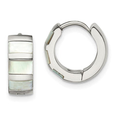 SRE1528 Chisel Stainless Steel Polished with Shell Pearl 5mm Hinged Hoop Earrings