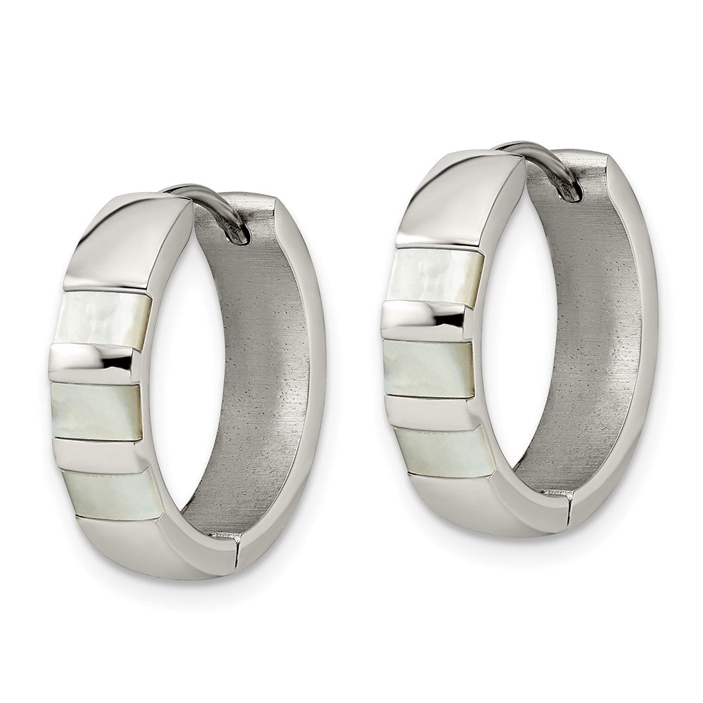 SRE1529 Chisel Stainless Steel Polished with Shell Pearl 5mm Hinged Hoop Earrings