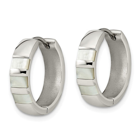 SRE1529 Chisel Stainless Steel Polished with Shell Pearl 5mm Hinged Hoop Earrings
