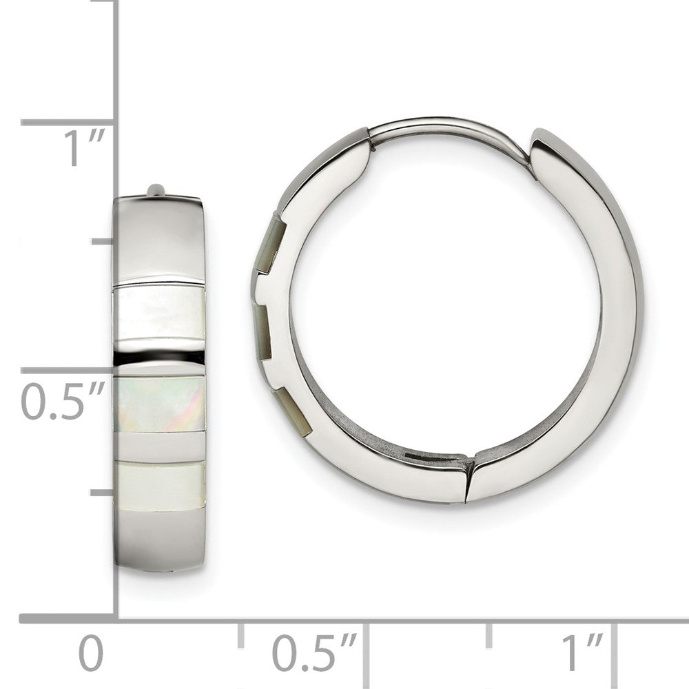 SRE1529 Chisel Stainless Steel Polished with Shell Pearl 5mm Hinged Hoop Earrings