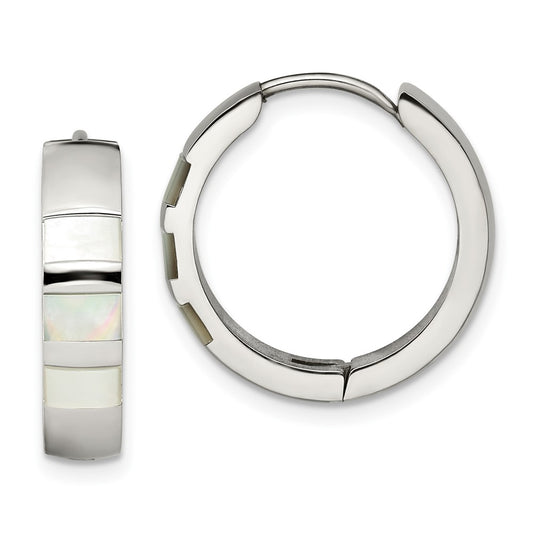 SRE1529 Chisel Stainless Steel Polished with Shell Pearl 5mm Hinged Hoop Earrings