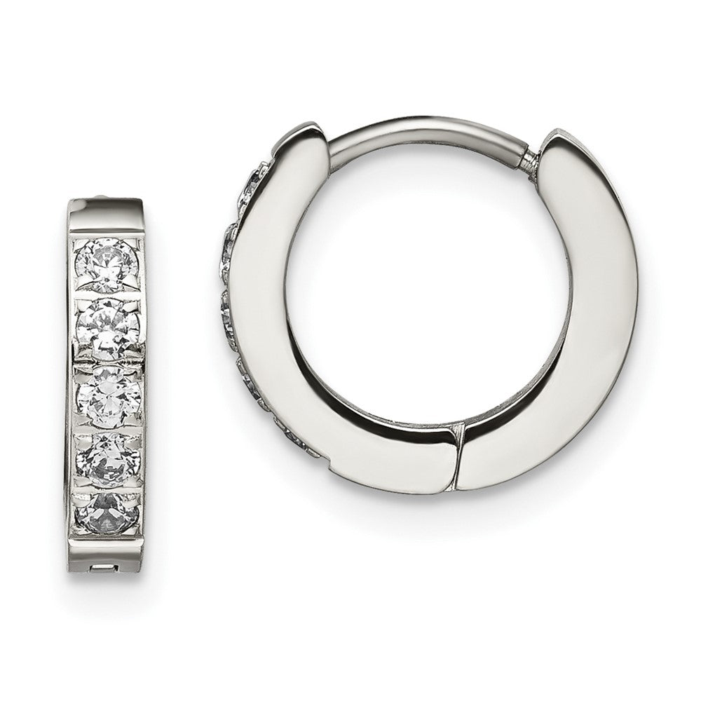SRE1532 Chisel Stainless Steel Polished with CZ 2.5mm Hinged Hoop Earrings