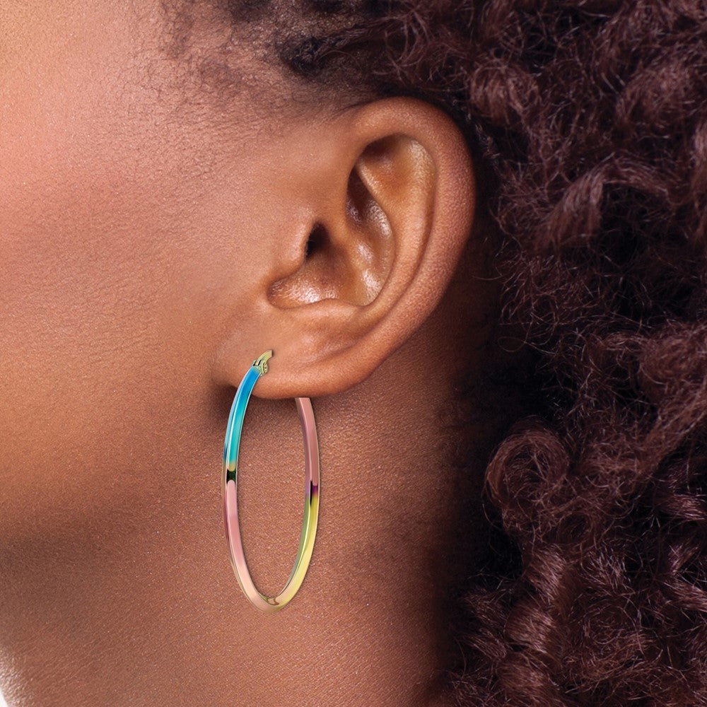 SRE1533 Chisel Stainless Steel Polished Rainbow IP-plated 2.5mm Hoop Earrings