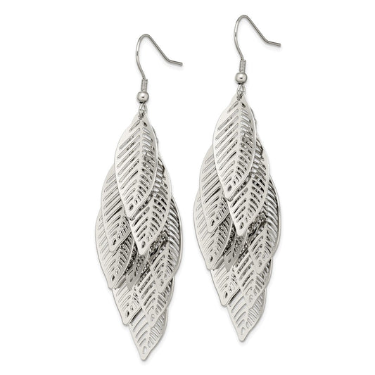 SRE1543 Chisel stainless Steel Polished Leaves Dangle Shepherd Hook Earrings
