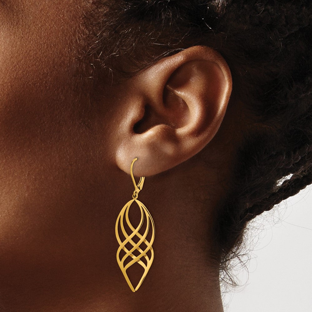 SRE1555 Chisel Stainless Steel Polished Yellow IP-plated Twisted Dangle Leverback Earrings