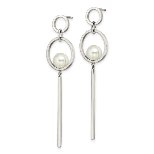 SRE1571 Chisel Stainless Steel Polished with Simulated Pearl Post Dangle Earrings