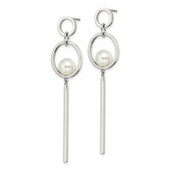 SRE1571 Chisel Stainless Steel Polished with Simulated Pearl Post Dangle Earrings