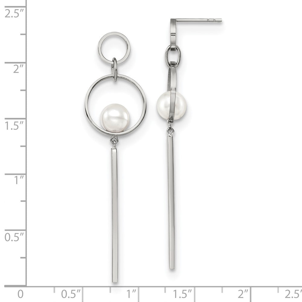 SRE1571 Chisel Stainless Steel Polished with Simulated Pearl Post Dangle Earrings