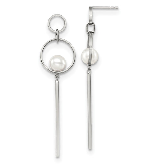 SRE1571 Chisel Stainless Steel Polished with Simulated Pearl Post Dangle Earrings
