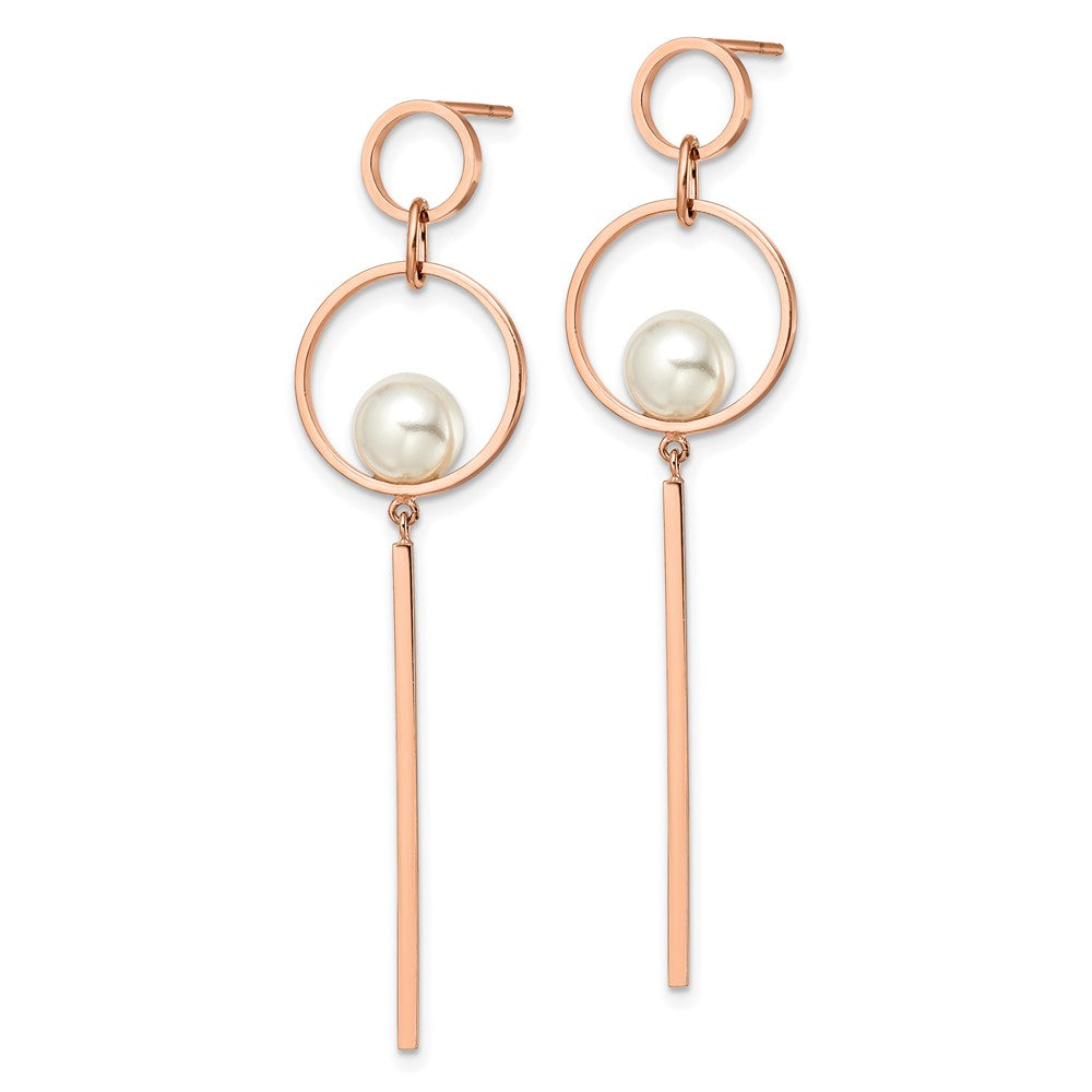 SRE1572 Chisel Stainless Steel Polished Rose IP-plated Simulated Pearl Post Dangle Earring