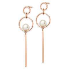 SRE1572 Chisel Stainless Steel Polished Rose IP-plated Simulated Pearl Post Dangle Earring