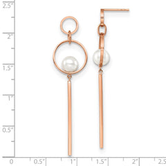 SRE1572 Chisel Stainless Steel Polished Rose IP-plated Simulated Pearl Post Dangle Earring