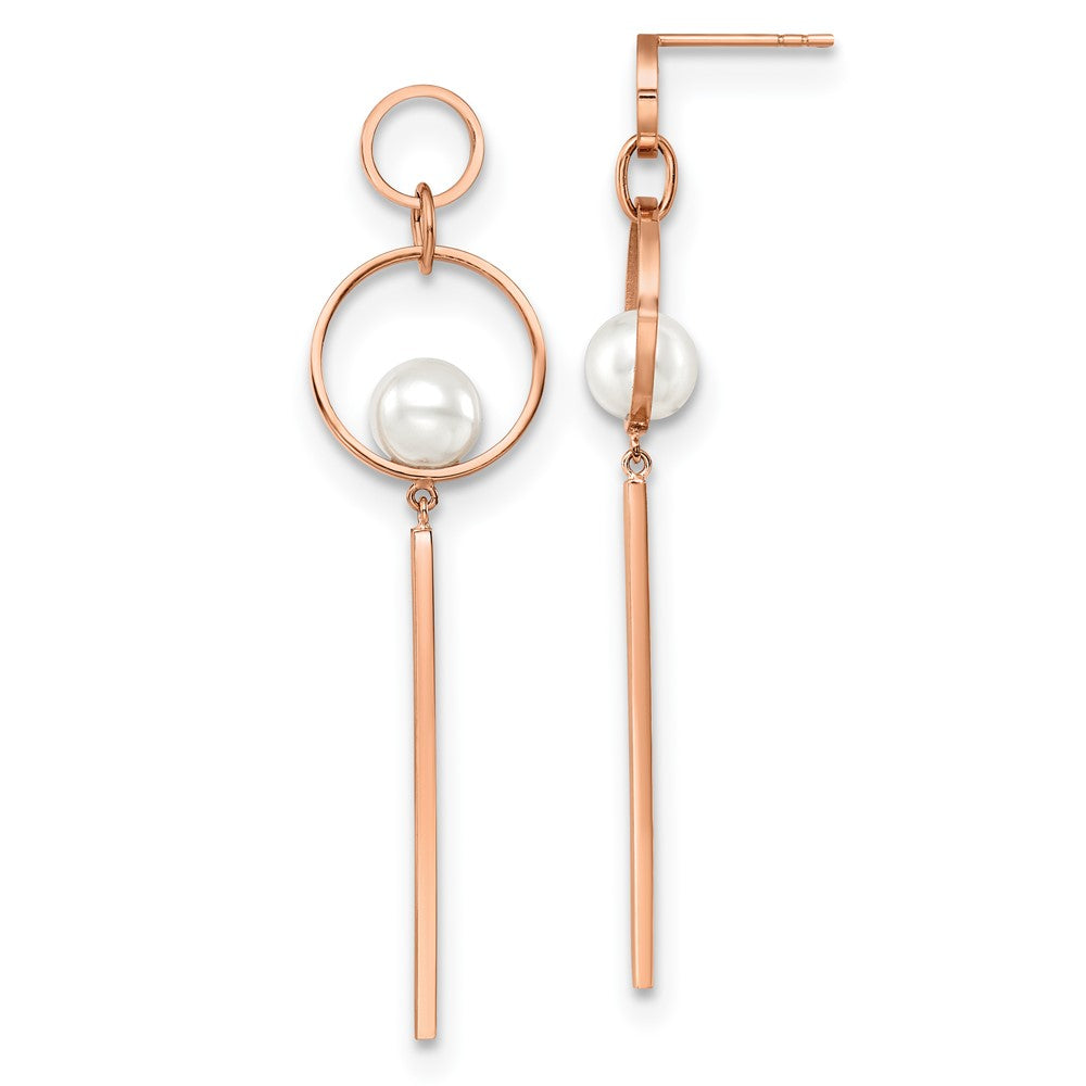 SRE1572 Chisel Stainless Steel Polished Rose IP-plated Simulated Pearl Post Dangle Earring