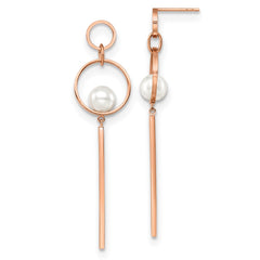 SRE1572 Chisel Stainless Steel Polished Rose IP-plated Simulated Pearl Post Dangle Earring
