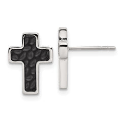 SRE1579 Chisel Stainless Steel Brushed Polished and Textured Black IP-plated Cross Post Earrings