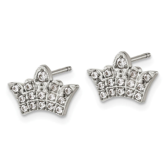 SRE1582 Chisel Stainless Steel Polished with CZ Crown Post Earrings