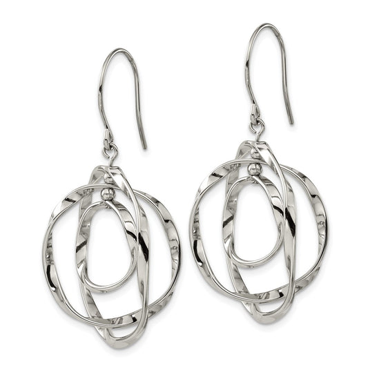 SRE1591 Chisel Stainless Steel Polished Wavy Circles Dangle Shepherd Hook Earrings