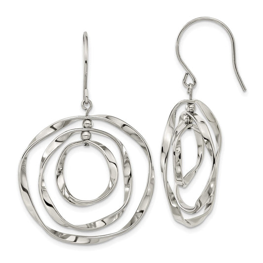 SRE1591 Chisel Stainless Steel Polished Wavy Circles Dangle Shepherd Hook Earrings