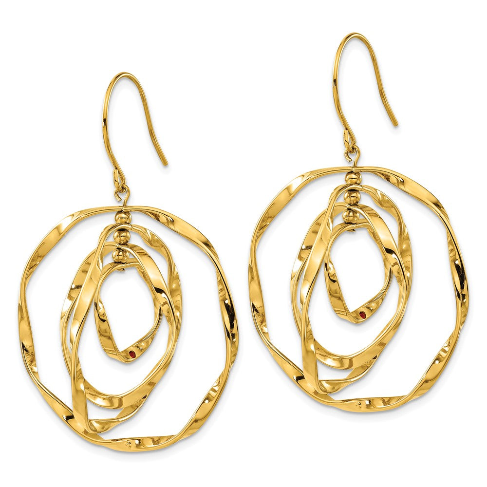SRE1592 Chisel Stainless Steel Polished Yellow IP-plated with Red Preciosa Crystal Wavy Dangle Shepherd Hook Earrings