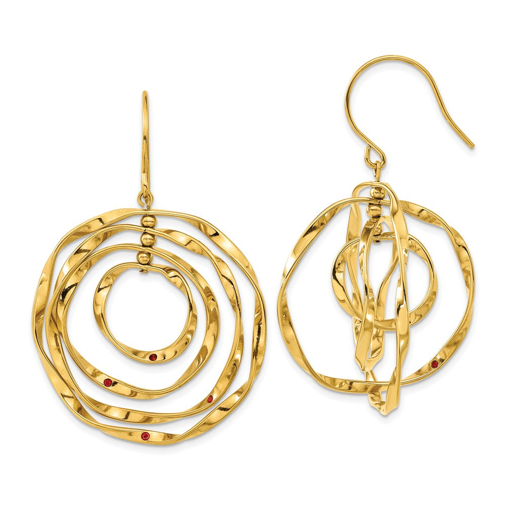 SRE1592 Chisel Stainless Steel Polished Yellow IP-plated with Red Preciosa Crystal Wavy Dangle Shepherd Hook Earrings