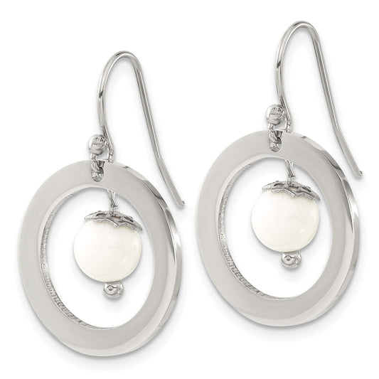 SRE1607 Chisel Stainless Steel Polished with Synthetic White Turquoise Dangle Shepherd Hook Earrings
